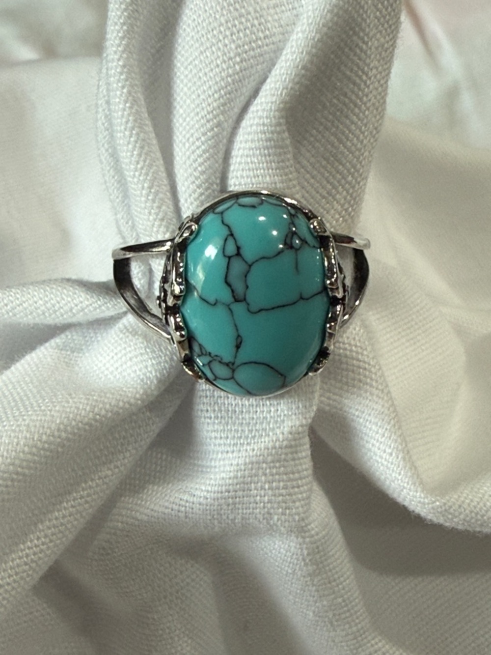 Turquoise Stone Floral Detail Silver Ring - Women Jewelry. Hallmark S925. Size 9 - Picture 9 of 11